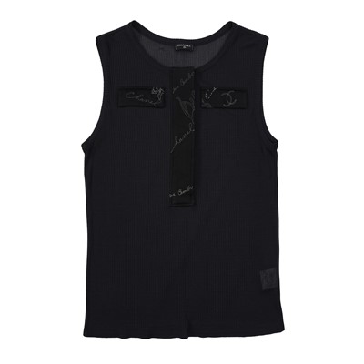 Lot 63 - Chanel Navy CC Slinky Ribbed Knit Top - Size 40