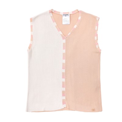 Lot 85 - Chanel Peach Colourblock CC Slinky Ribbed Knit Top - Size 42
