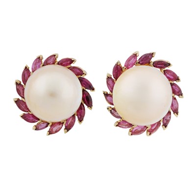 Lot 160 - A pair of mabé pearl and ruby earrings