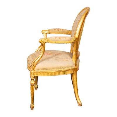 Lot 15 - A George III Louis XVI style gilt gesso on beech fauteuil armchair