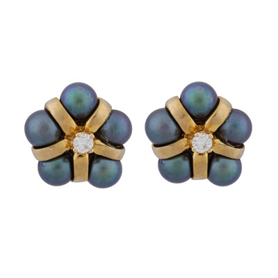 Lot 134 - A pair of black pearl and diamond stud earrings