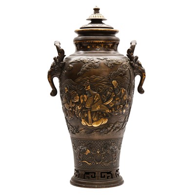 Lot 60 - A fine and large Japanese mixed-metal and bronze vase and cover, Meiji period