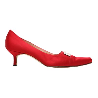 Lot 474 - Manolo Blahnik Red Embellished Kitten Heel - Size 39.5