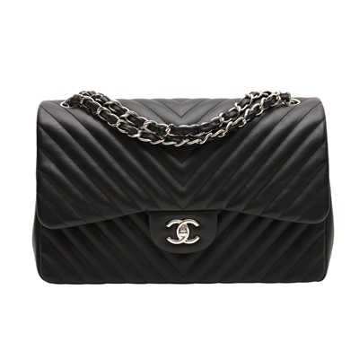 Lot 225 - Chanel Black Jumbo Chevron Double Flap Bag