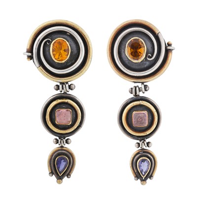 Lot 245 - Barbara Bertagnolli Ι A pair gem-set pendent earrings, circa 1992
