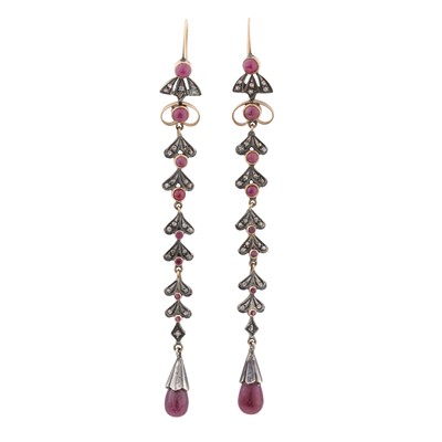 Lot 41 - A pair of ruby and diamond hook earrings