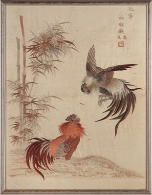 Lot 208 - A Chinese silk embroidered 'cockerels' panel, 19th / 20th century