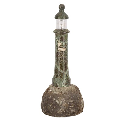 Lot 102 - Cornish Serpentine lamp in the form of a lighthouse