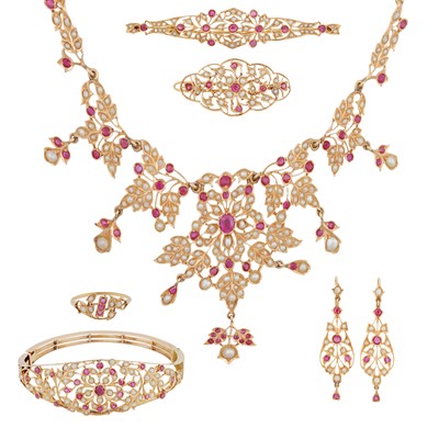 Lot 52 - A ruby and seed pearl suite