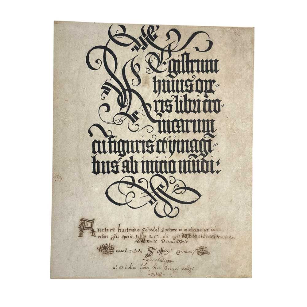 Lot 22 - Inscribed title page from Schedel's Nuremburg Chronicle, 1493.