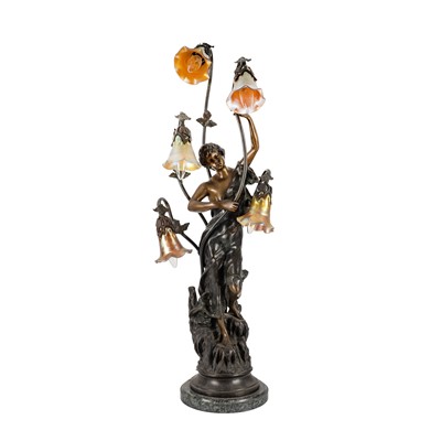 Lot 82 - An Art Nouveau style bronze figural lamp, second half of the 20th century