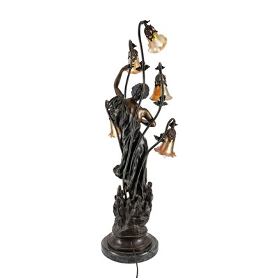 Lot 82 - An Art Nouveau style bronze figural lamp, second half of the 20th century