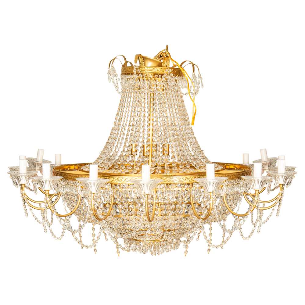 Lot 89 - A gilt metal and cut glass waterfall chandelier, second half of the 20th century