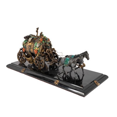 Lot 90 - A Continental gilded white metal model of a barrel form carriage and horses
