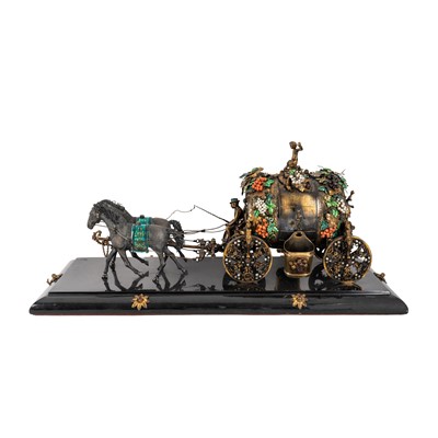 Lot 90 - A Continental gilded white metal model of a barrel form carriage and horses