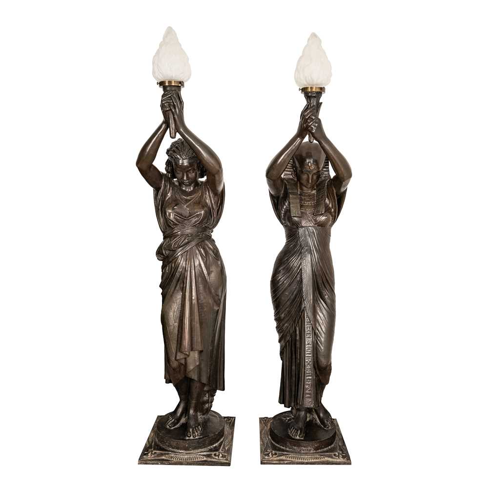 Lot 83 - A pair of French cast-iron figural torchères, after models by Mathurin Moreau (French, 1822-1912), early 20th century
