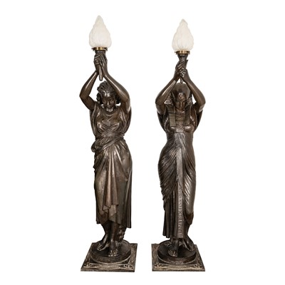 Lot 83 - A pair of French cast-iron figural torchères, after models by Mathurin Moreau (French, 1922-1922), early 20th century
