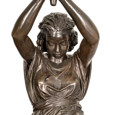 Lot 83 - A pair of French cast-iron figural torchères, after models by Mathurin Moreau (French, 1822-1912), early 20th century