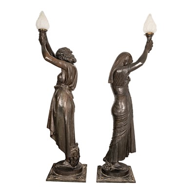 Lot 83 - A pair of French cast-iron figural torchères, after models by Mathurin Moreau (French, 1822-1912), early 20th century