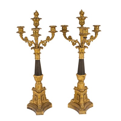 Lot 67 - A pair of Napoleon III period bronze and parcel gilt candelabra, circa 1860