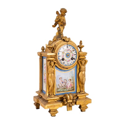 Lot 116 - A French gilt metal and Sèvres style porcelain mantel clock, circa 1870s