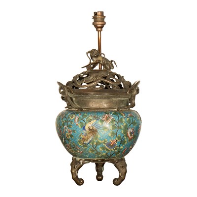 Lot 294 - A Chinese cloisonne censer converted to table lamp