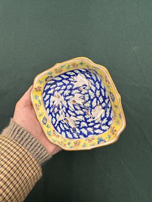 Lot 94 - A Chinese famille-rose 'cranes' stem bowl, Qing dynasty, Tongzhi mark and of the period