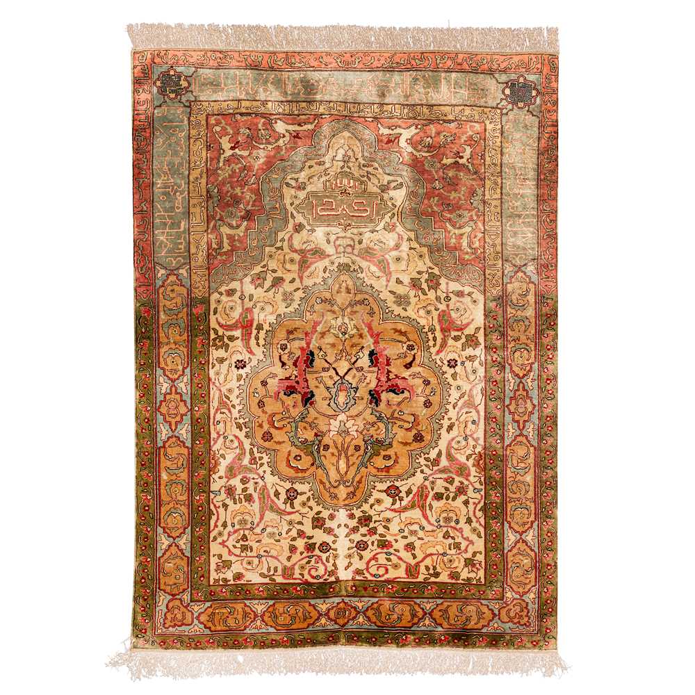 Lot 64 - An extremely fine silk and metal Thread Hereke prayer rug, Turkey