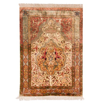 Lot 64 - An extremely fine silk and metal Thread Hereke prayer rug, Turkey