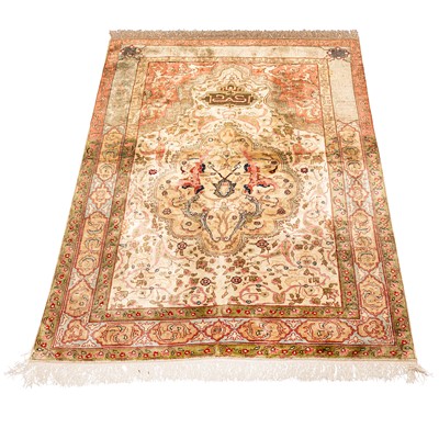 Lot 64 - An extremely fine silk and metal Thread Hereke prayer rug, Turkey