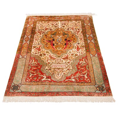 Lot 64 - An extremely fine silk and metal Thread Hereke prayer rug, Turkey