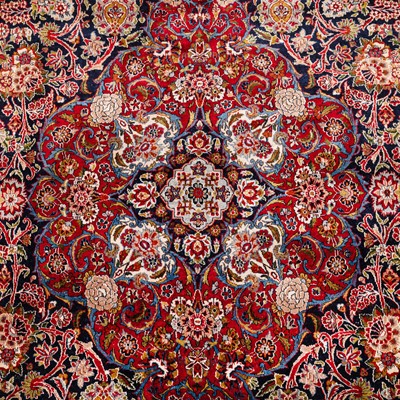 Lot 92 - A very fine silk Kashan design carpet, central Persia