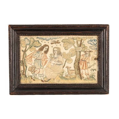 Lot 158 - A 17th century silk work panel, likely Charles II period (circa 1665)