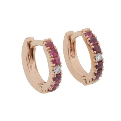 Lot 49 - A pair of ruby and diamond hoop earrings