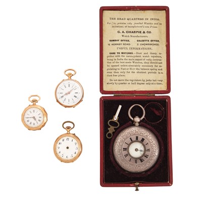 Lot 524 - Riverside Watch Co Full Hunter Pocket Watch and Three Gold Fob Watches