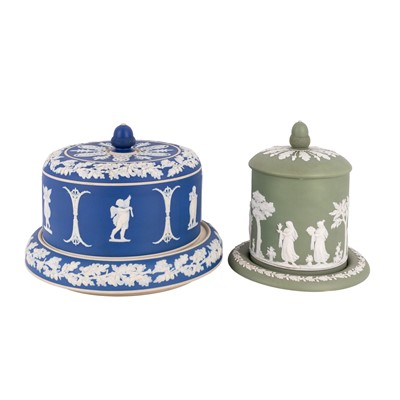Lot 377 - A large late 19th century Jasperware stilton cheese dish together with a tobacco jar and cover