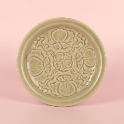 Lot 42 - A rare Chinese Yaozhou celadon 'butterfly' moulded dish, Song dynasty