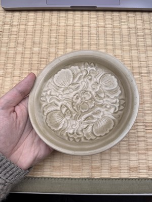 Lot 42 - A rare Chinese Yaozhou celadon 'butterfly' moulded dish, Song dynasty