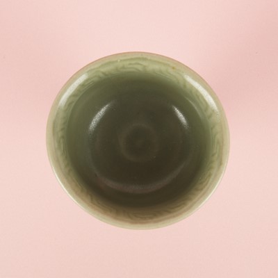 Lot 1 - A Chinese Longquan celadon 'floral' carved stem cup, Yuan - Early Ming dynasty