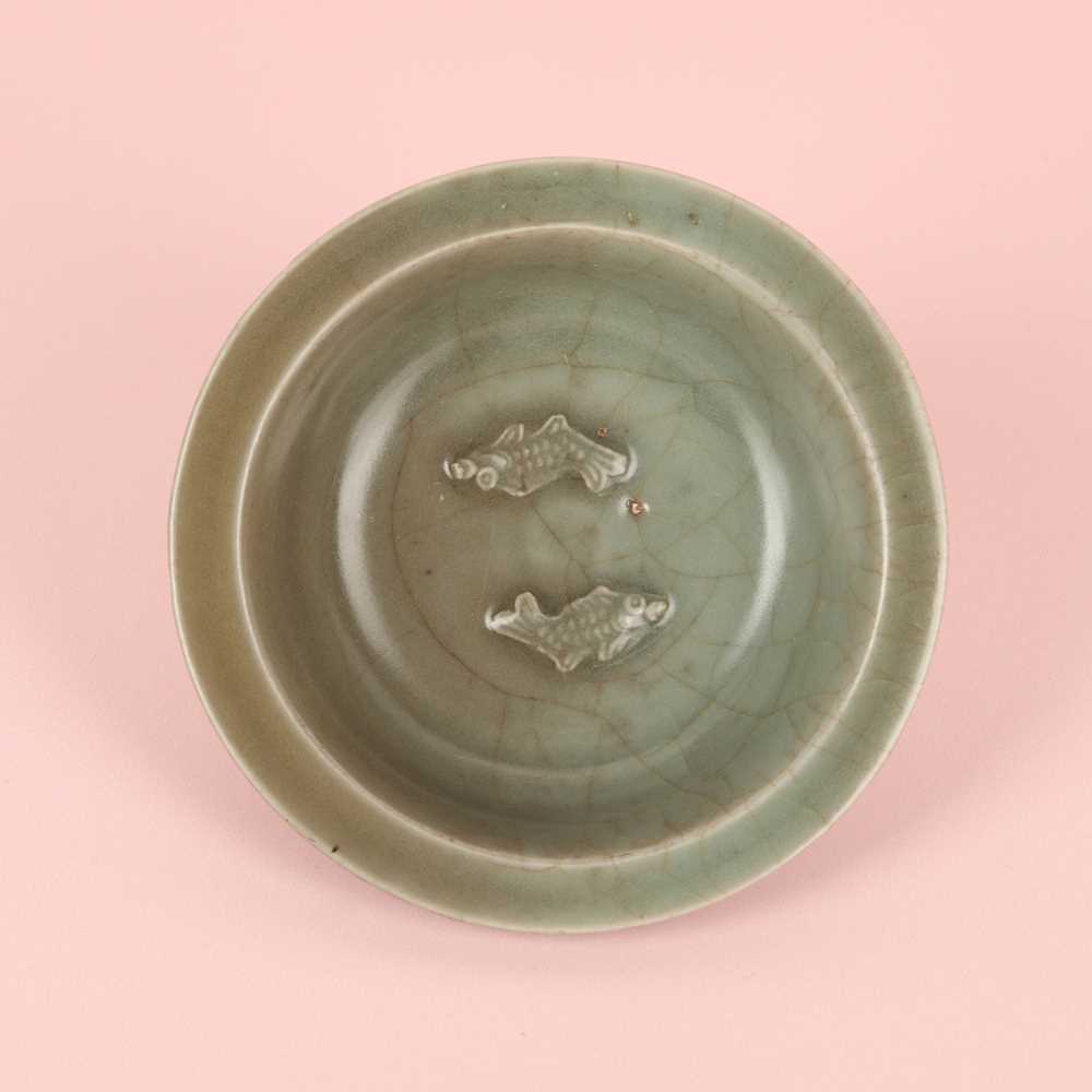 Lot 2 - A Chinese Longquan celadon 'twin fish' moulded dish, Song dynasty