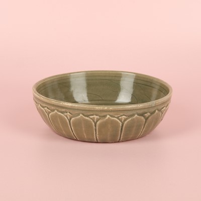 Lot 11 - A Chinese Yue celadon 'lotus' washer, Song dynasty