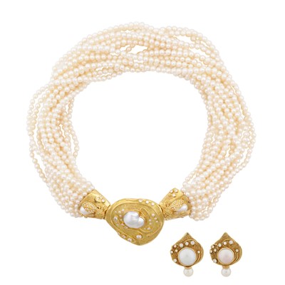 Lot 264 - Elizabeth Gage Ι A pearl and diamond necklace and earring suite, circa 1988