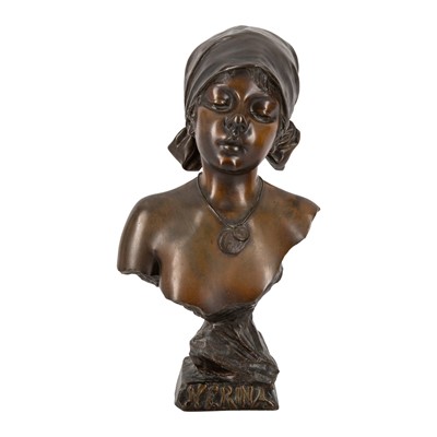 Lot 153 - After Emmanuel Villanis (French, 1858-1914), an Art Nouveau patinated bronze bust of Nerina