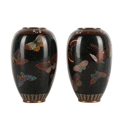 Lot 94 - A pair of Japanese cloisonné 'butterfly' vases, Meiji period