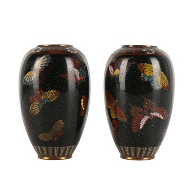 Lot 94 - A pair of Japanese cloisonné 'butterfly' vases, Meiji period