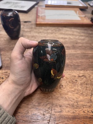 Lot 94 - A pair of Japanese cloisonné 'butterfly' vases, Meiji period
