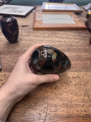 Lot 94 - A pair of Japanese cloisonné 'butterfly' vases, Meiji period