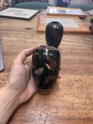 Lot 94 - A pair of Japanese cloisonné 'butterfly' vases, Meiji period