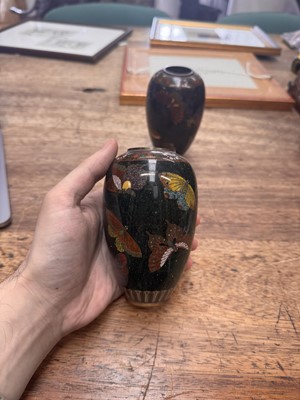 Lot 94 - A pair of Japanese cloisonné 'butterfly' vases, Meiji period