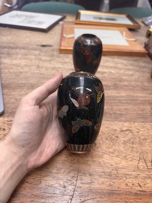 Lot 94 - A pair of Japanese cloisonné 'butterfly' vases, Meiji period